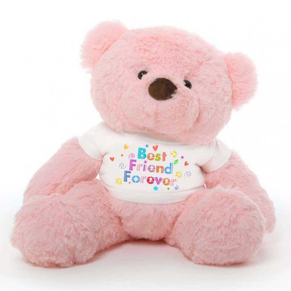Pink 2 feet Fur Face Big Teddy Bear wearing a Best Friend Forever T-shirt